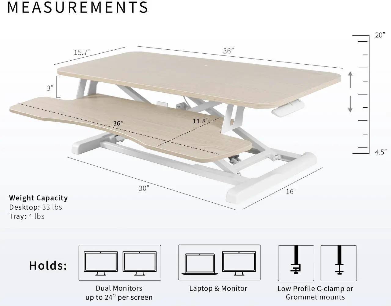 Alt view image 3 of 7 - VIVO Light Wood Height Adjustable 36" Standing Desk Monitor Riser, White Frame