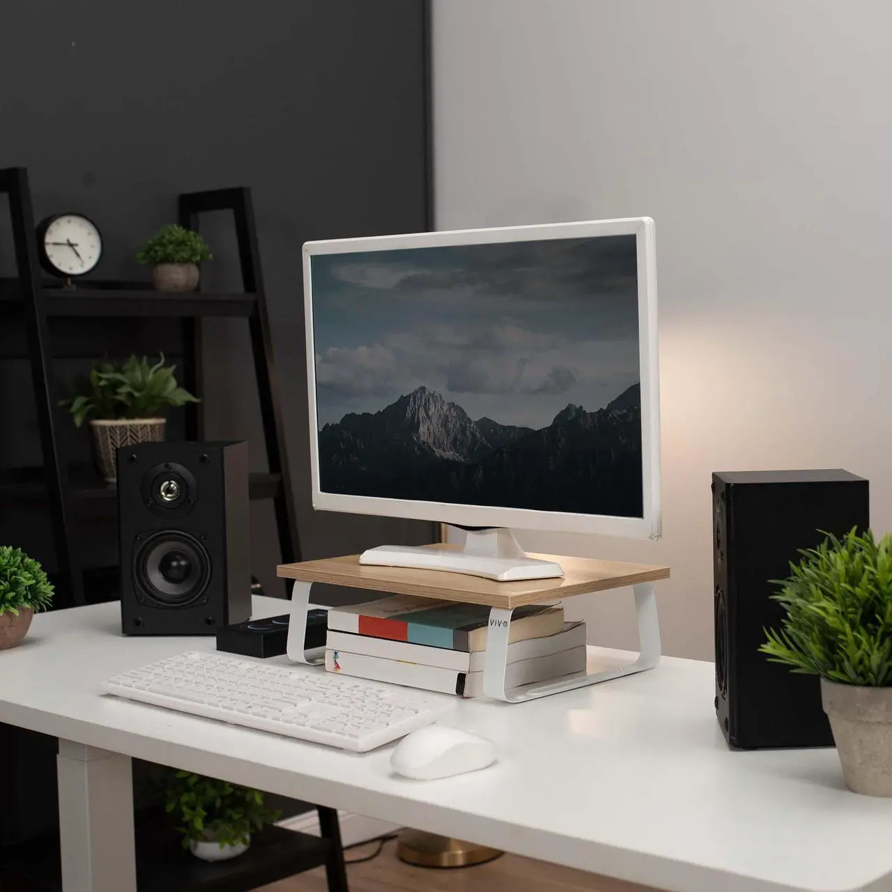 Alt view image 4 of 7 - VIVO 15" Desktop Stand, Ergonomic Monitor Riser & Desk Tabletop Organizer, Light Wood Top, White Legs (STAND-V000WS)