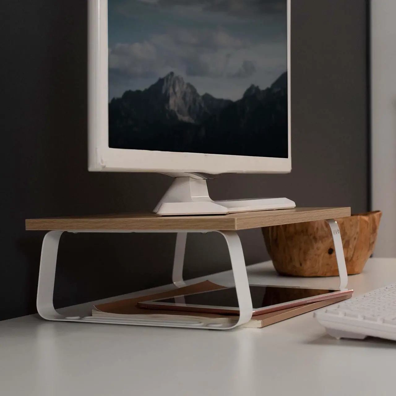 Alt view image 5 of 7 - VIVO 15" Desktop Stand, Ergonomic Monitor Riser & Desk Tabletop Organizer, Light Wood Top, White Legs (STAND-V000WS)