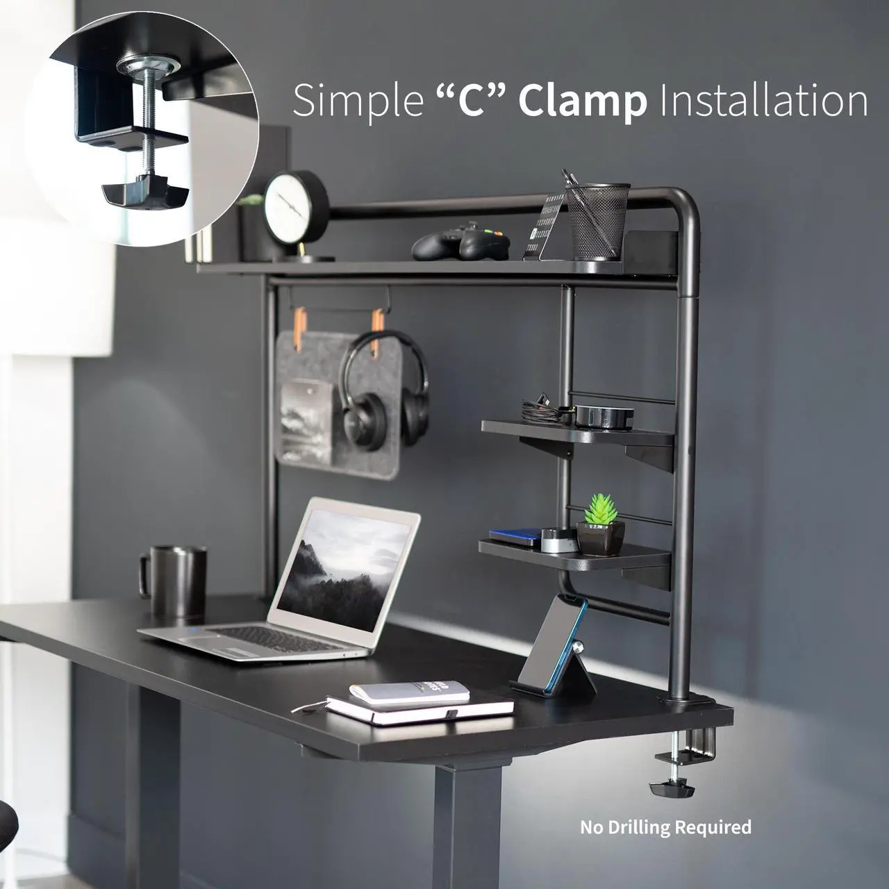 Alt view image 7 of 7 - VIVO Clamp-on Desktop Shelving System, Raised Accessory Storage Shelves and Memo Board Desk Organizer, DESK-SHELF55A