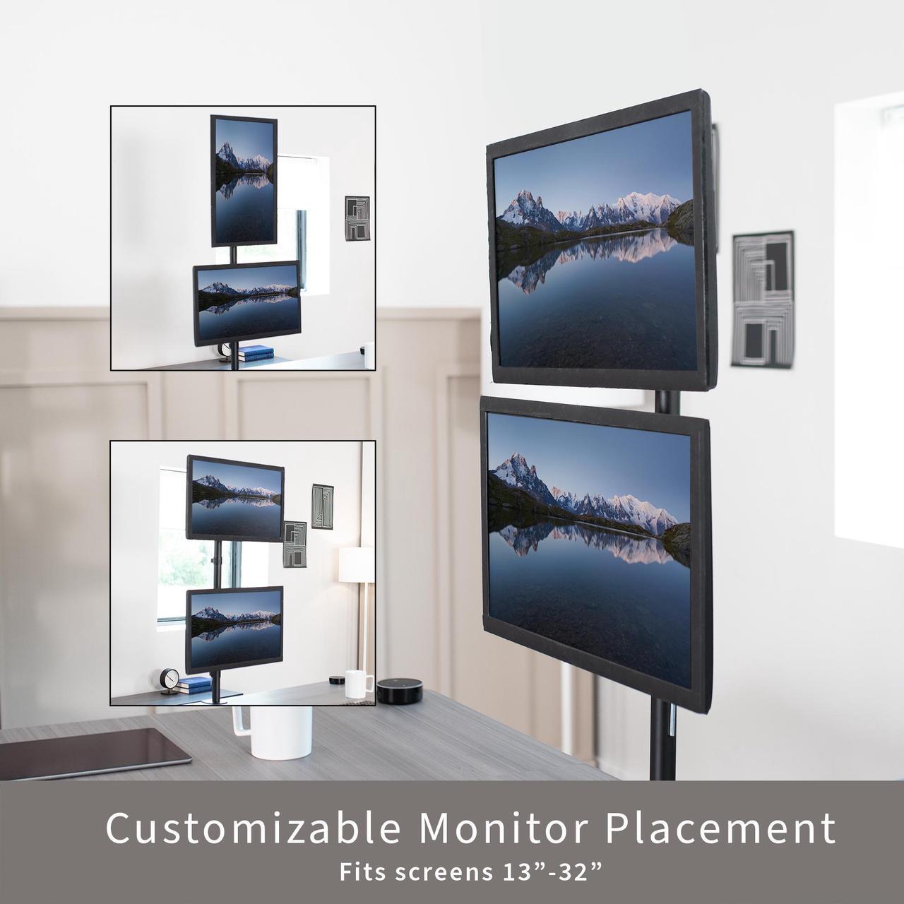 Alt view image 4 of 7 - VIVO Black Dual LCD Monitor Desk Mount Stand, Stacked Array, Holds Vertical 2 Ultrawide Screens up to 34", STAND-V002T