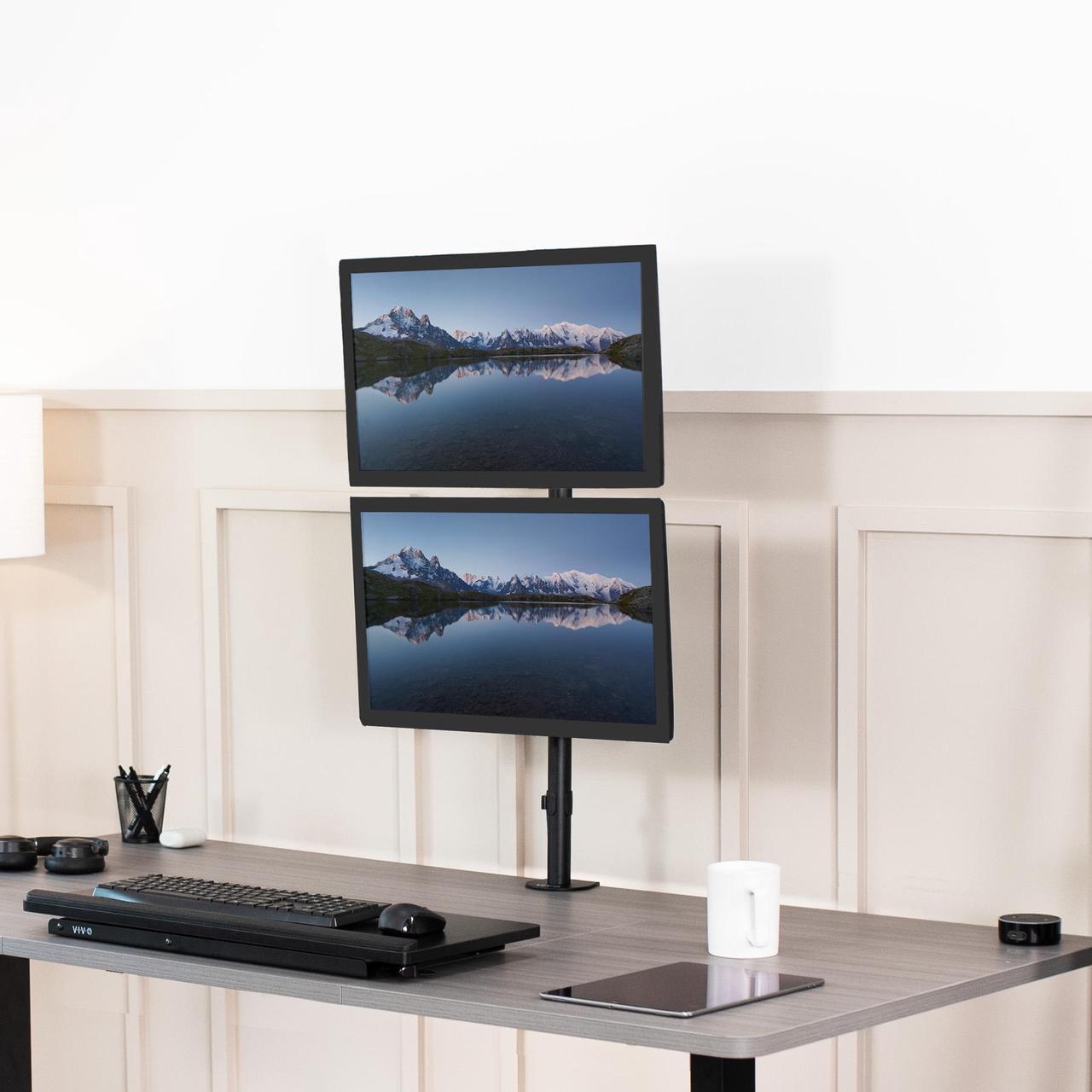 Alt view image 2 of 7 - VIVO Black Dual LCD Monitor Desk Mount Stand, Stacked Array, Holds Vertical 2 Ultrawide Screens up to 34", STAND-V002T
