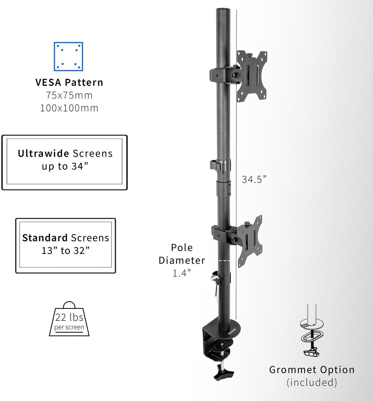 Alt view image 3 of 7 - VIVO Black Dual LCD Monitor Desk Mount Stand, Stacked Array, Holds Vertical 2 Ultrawide Screens up to 34", STAND-V002T
