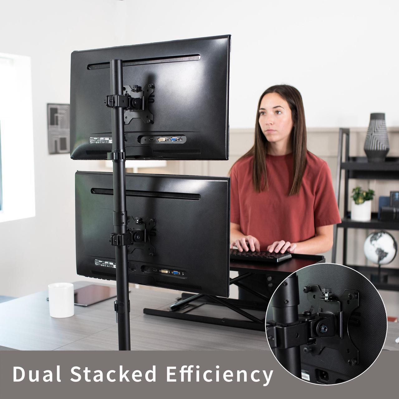 Alt view image 5 of 7 - VIVO Black Dual LCD Monitor Desk Mount Stand, Stacked Array, Holds Vertical 2 Ultrawide Screens up to 34", STAND-V002T