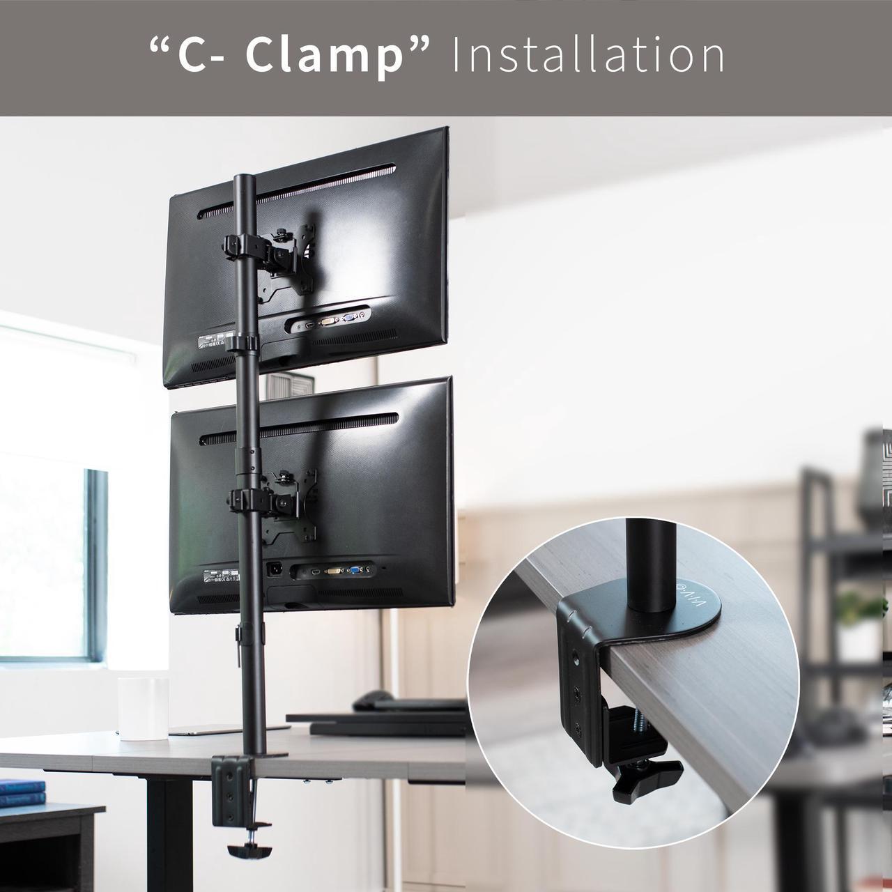 Alt view image 7 of 7 - VIVO Black Dual LCD Monitor Desk Mount Stand, Stacked Array, Holds Vertical 2 Ultrawide Screens up to 34", STAND-V002T