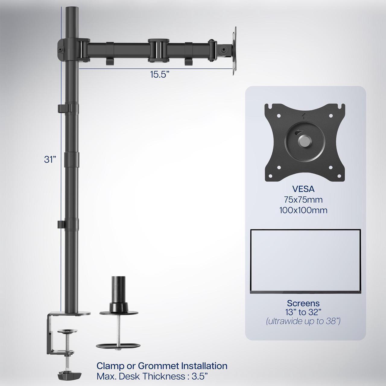 Alt view image 3 of 7 - VIVO Single Monitor Desk Mount Extra Tall Fully Adjustable Stand for up to 32" Screen (STAND-V001T)