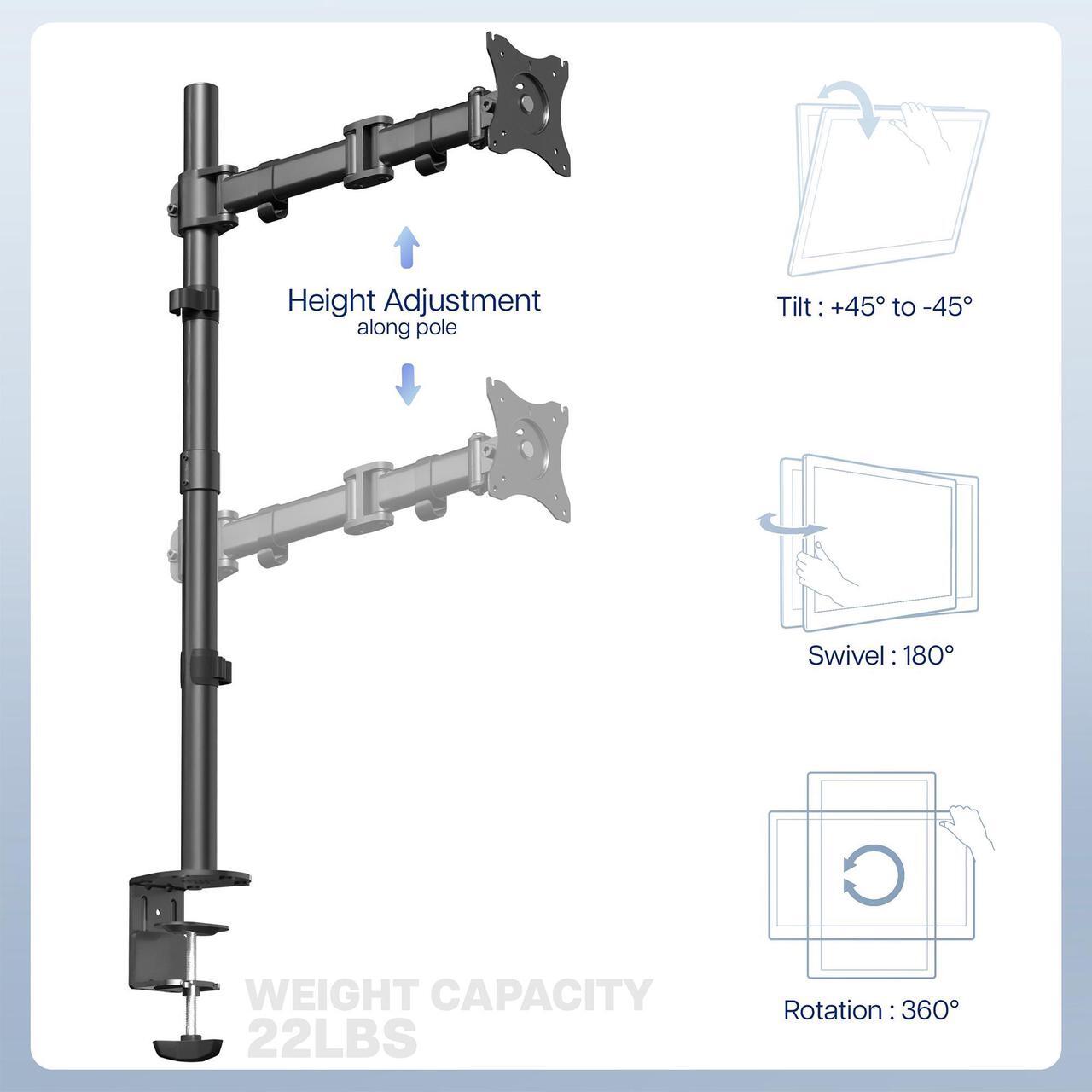 Alt view image 4 of 7 - VIVO Single Monitor Desk Mount Extra Tall Fully Adjustable Stand for up to 32" Screen (STAND-V001T)