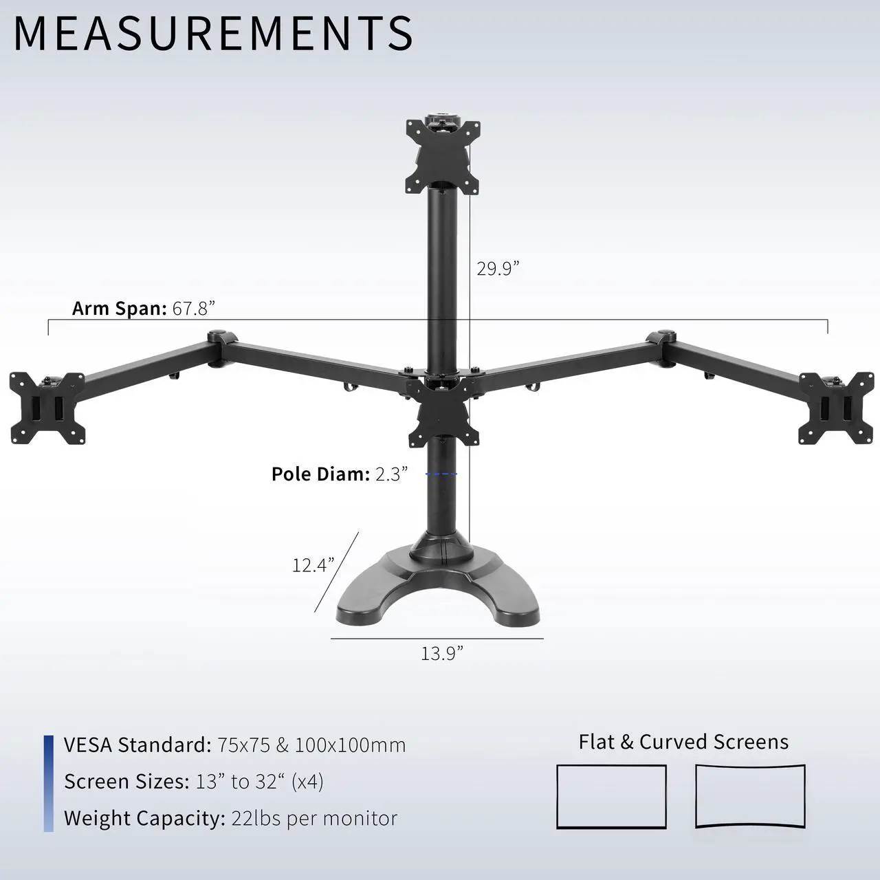 Alt view image 3 of 7 - VIVO Steel Quad Monitor Mount w/ Heavy Duty Base, 3 + 1 Fully Adjustable Stand | Holds 4 Screens up to 32" (STAND-V104F)