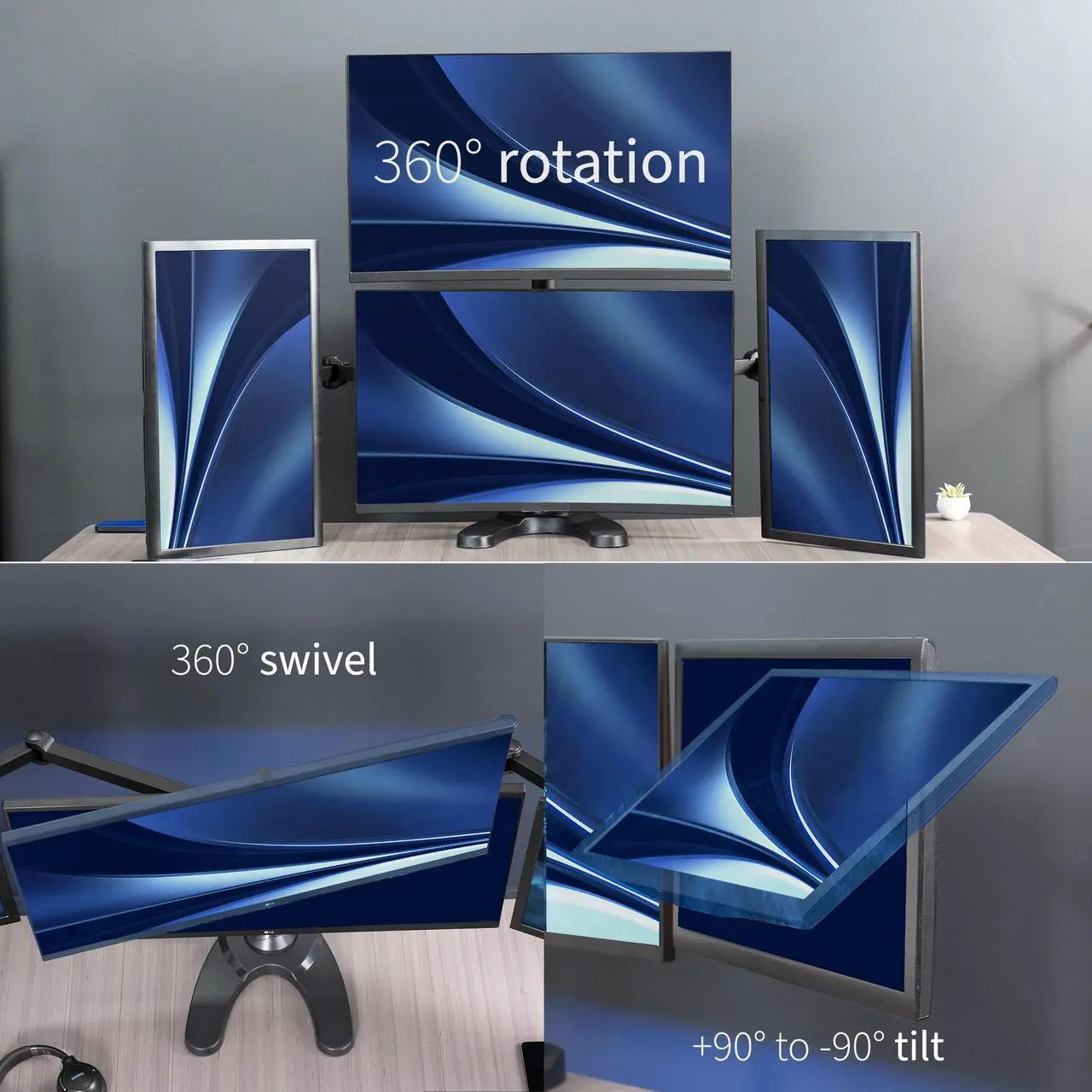 Alt view image 4 of 7 - VIVO Steel Quad Monitor Mount w/ Heavy Duty Base, 3 + 1 Fully Adjustable Stand | Holds 4 Screens up to 32" (STAND-V104F)