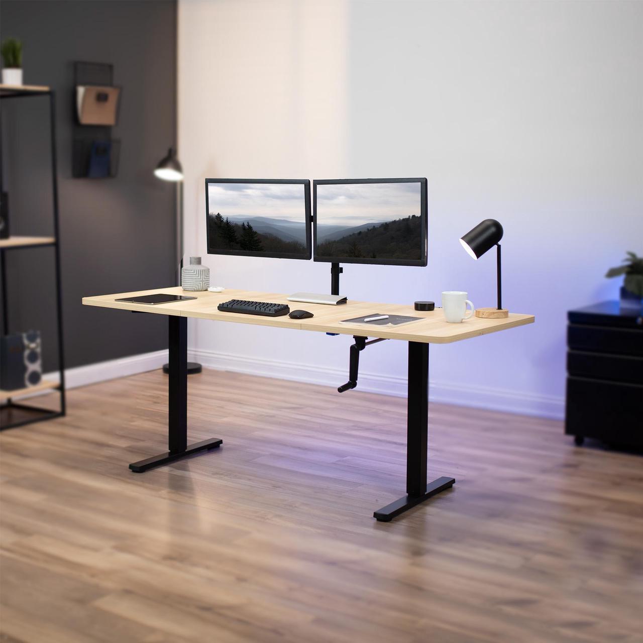 Alt view image 2 of 7 - VIVO Manual 71 x 30 Standup Desk with Hand Crank, Light Wood Table Top, Black Frame (DESK-KIT-MB7C)