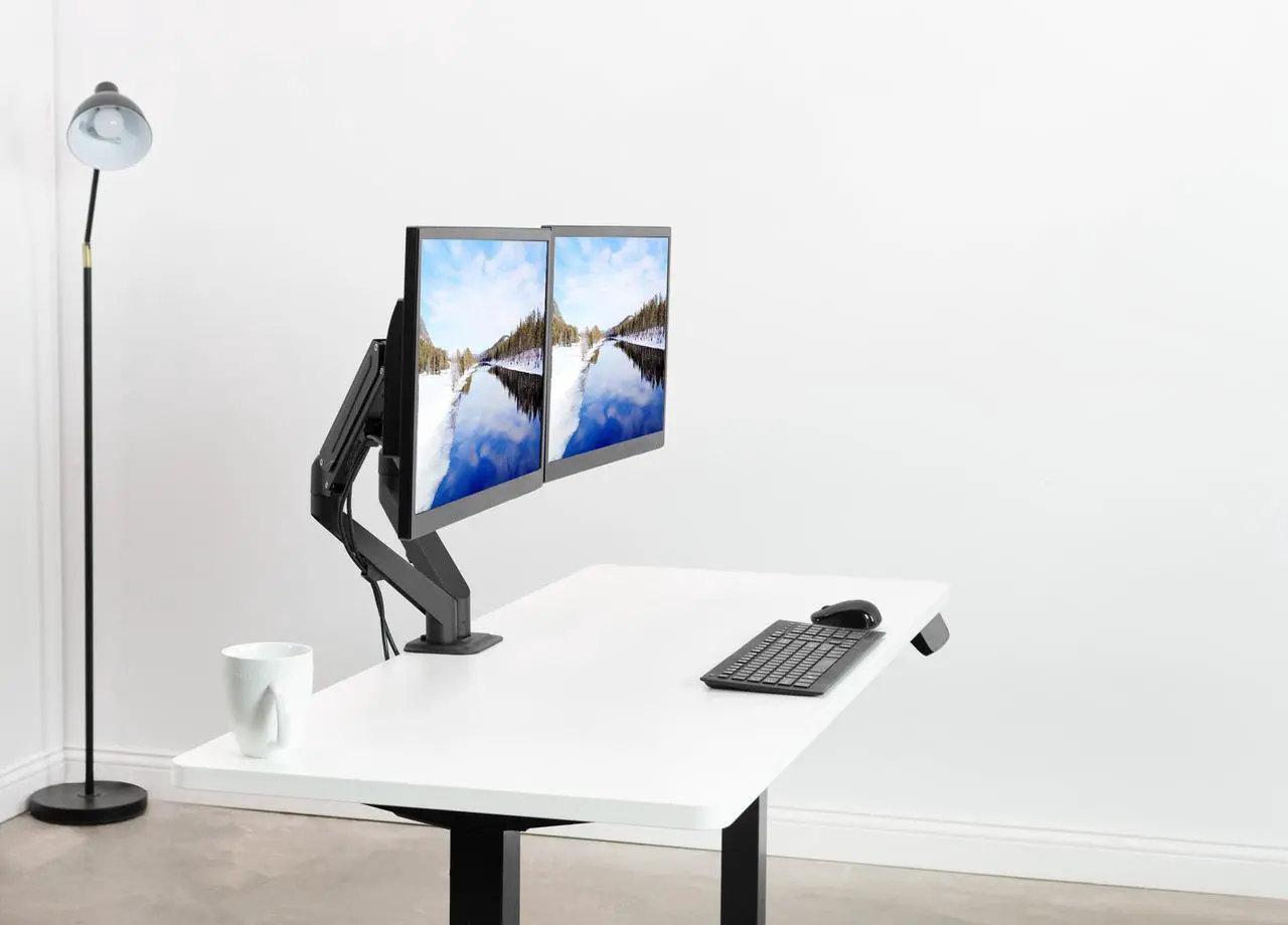 Alt view image 2 of 8 - VIVO Black Articulating Dual Tension Spring Arm Clamp-on Desk Mount Stand | Fits 2 Monitors 17" to 27" (STAND-V102O)