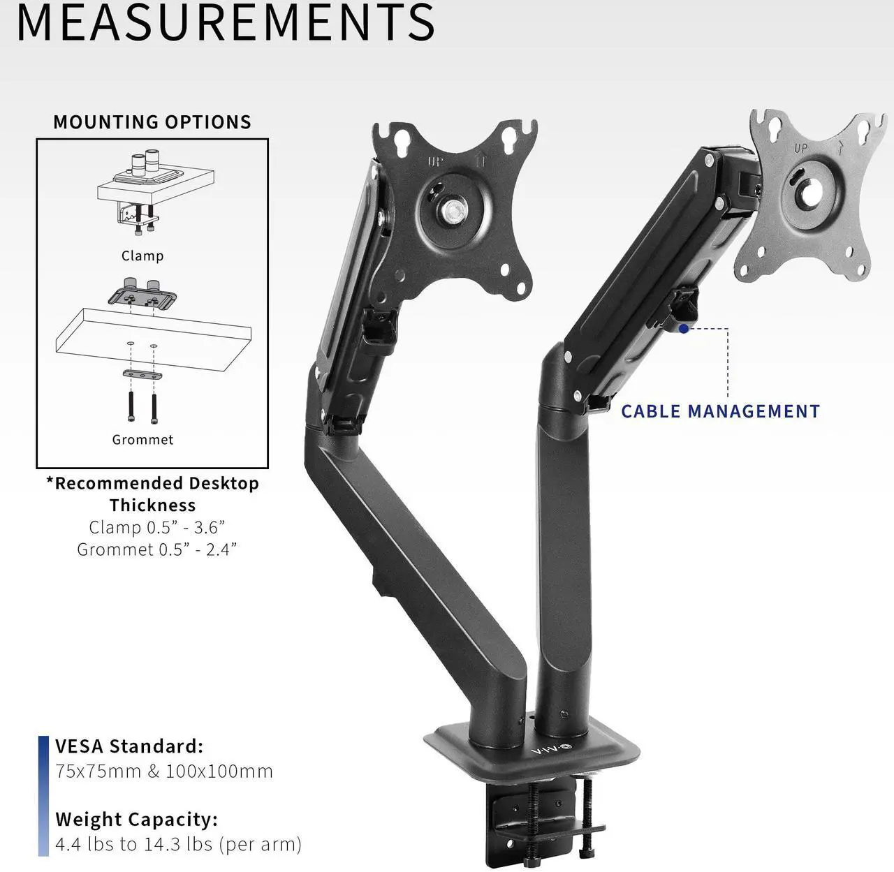 Alt view image 4 of 8 - VIVO Black Articulating Dual Tension Spring Arm Clamp-on Desk Mount Stand | Fits 2 Monitors 17" to 27" (STAND-V102O)
