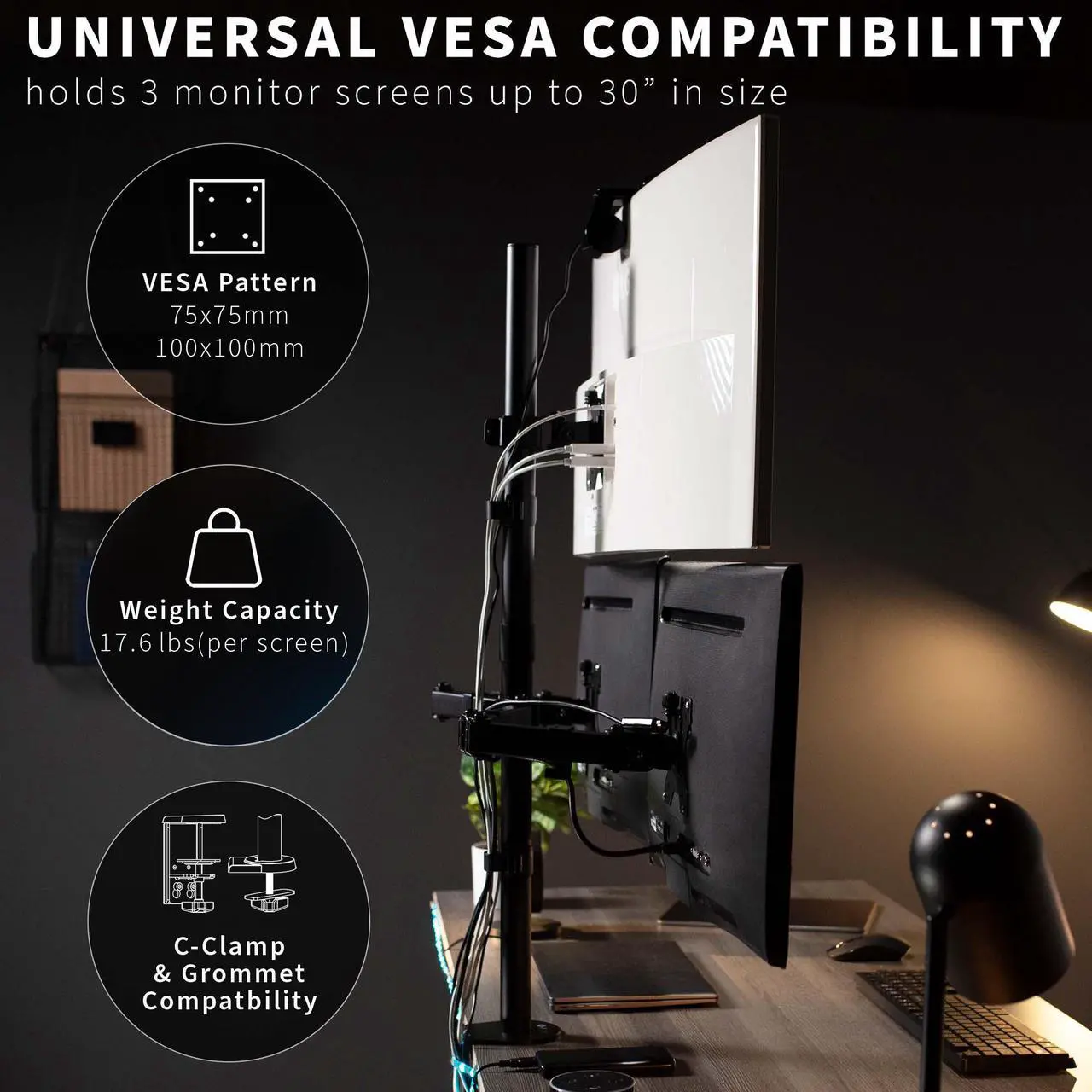 Alt view image 3 of 7 - VIVO Triple LCD Monitor Desk Mount Stand Heavy Duty & Fully Adjustable 3 Screens up to 30" (STAND-V003T)
