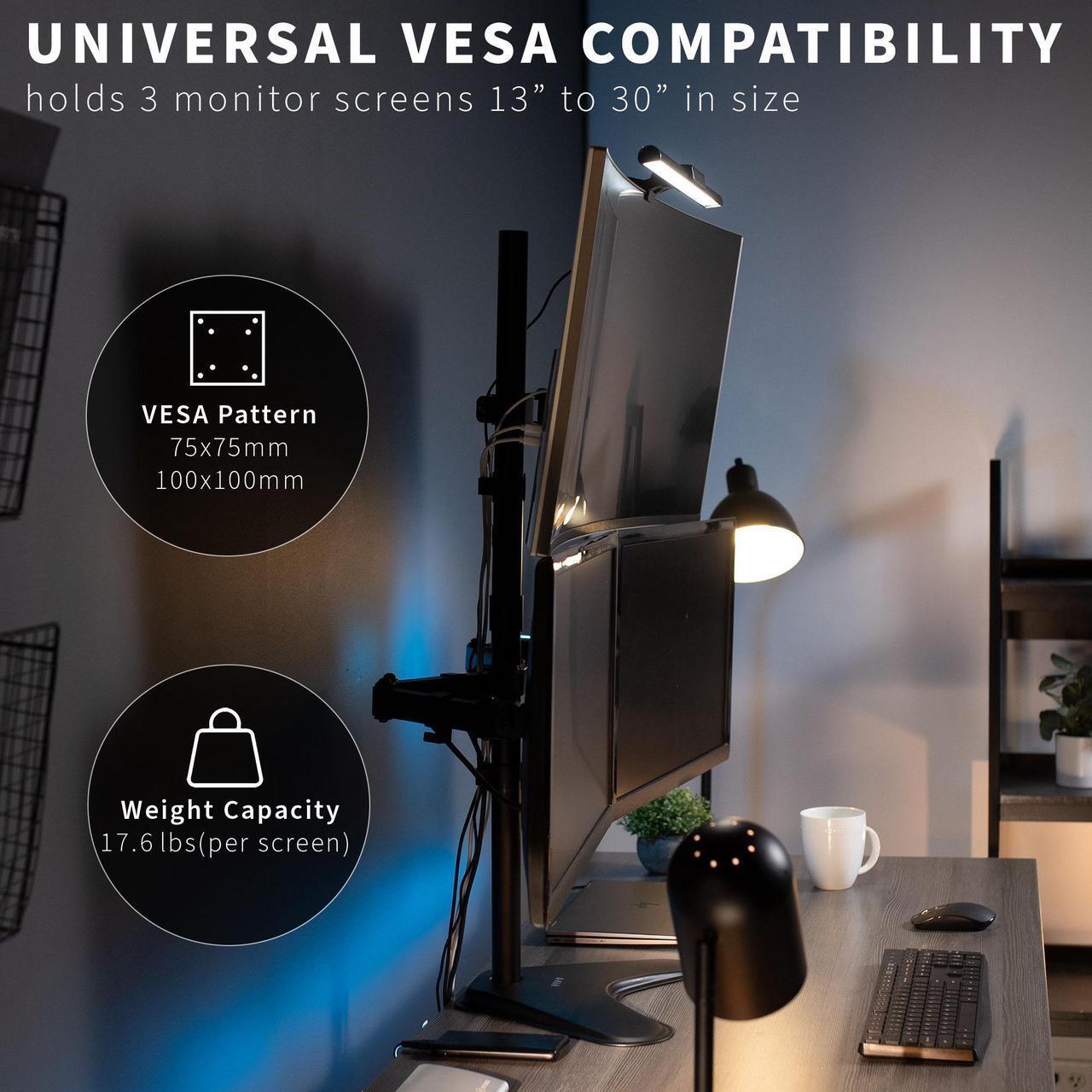 Alt view image 3 of 7 - VIVO Triple LCD Monitor Stand Desk Mount FreeStanding Heavy Duty Fully Adjustable fits 3 Screens up to 30" (STAND-V003E)