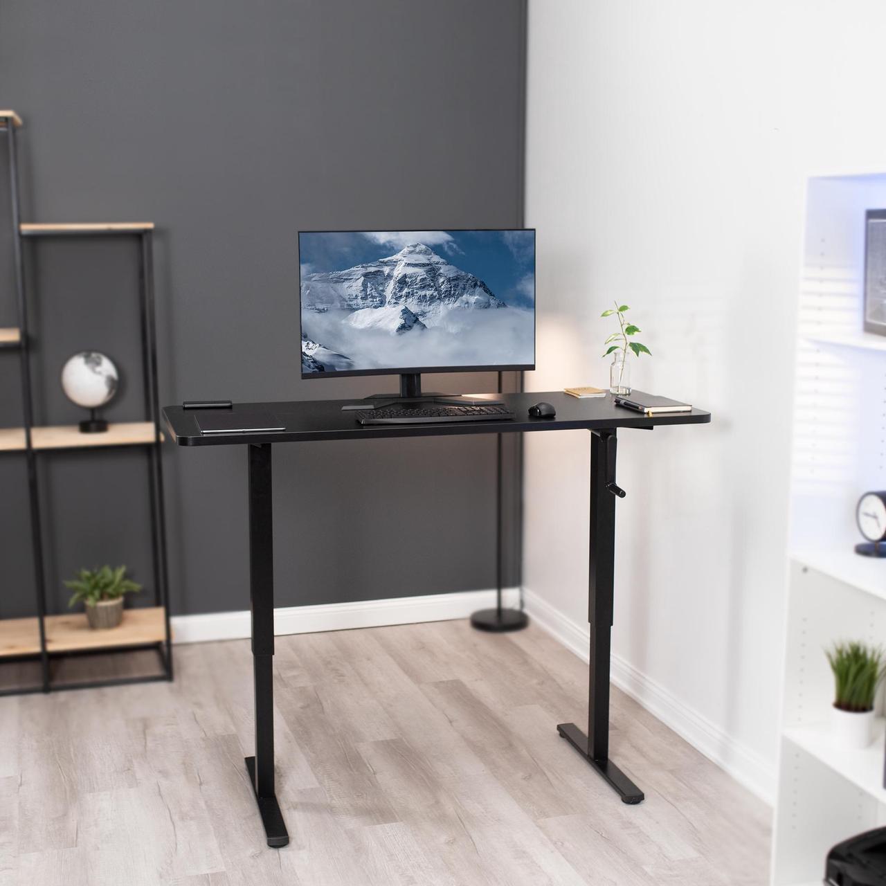 Alt view image 3 of 7 - VIVO Manual 60 x 24 Stand Up Desk with Hand Crank | Black Solid One-Piece Table Top, Black Frame (DESK-KIT-MB6B)