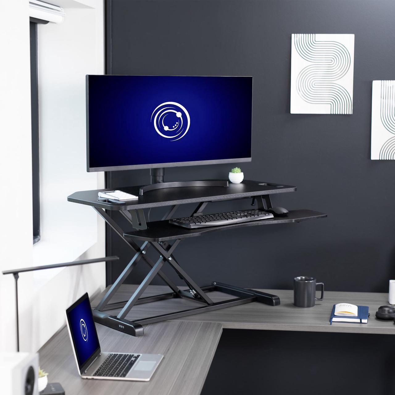 Alt view image 2 of 7 - VIVO Black Height Adjustable Corner Standing Desk Monitor Riser 38" Tabletop (DESK-V000KL)