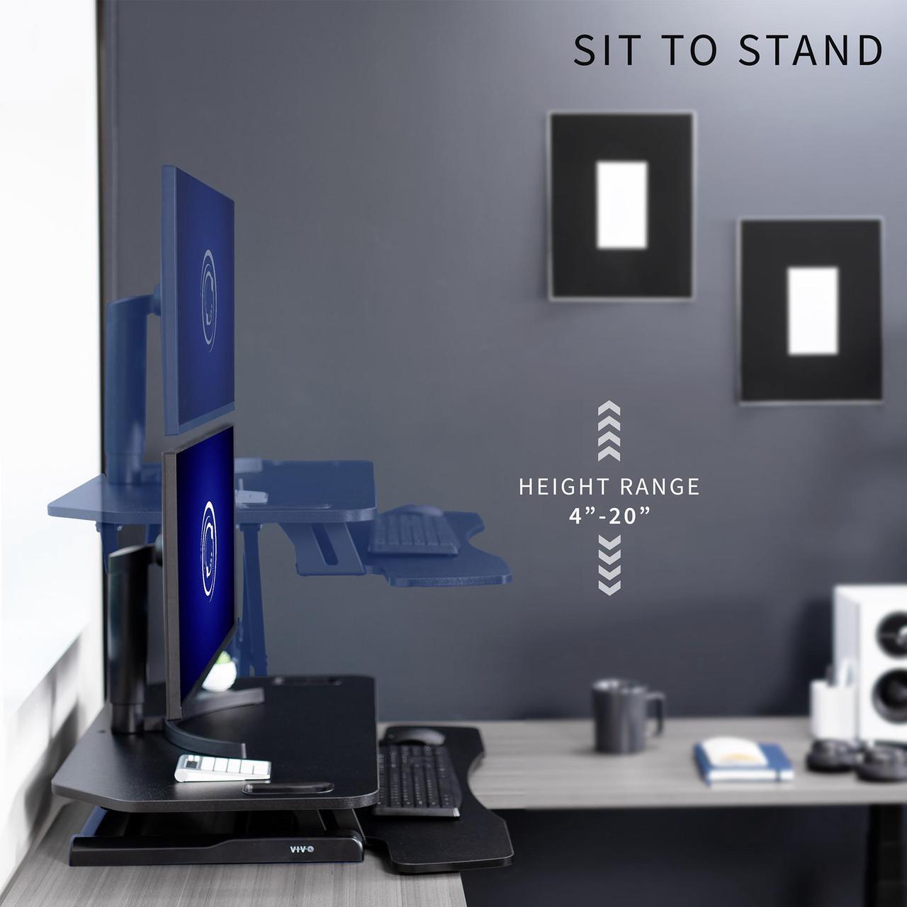 Alt view image 4 of 7 - VIVO Black Height Adjustable Corner Standing Desk Monitor Riser 38" Tabletop (DESK-V000KL)