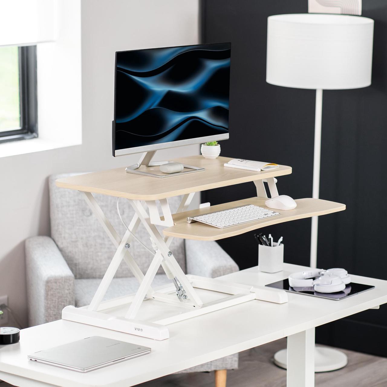 Alt view image 2 of 7 - VIVO Light Wood Height Adjustable 28" Standing Desk Monitor Riser, White Frame