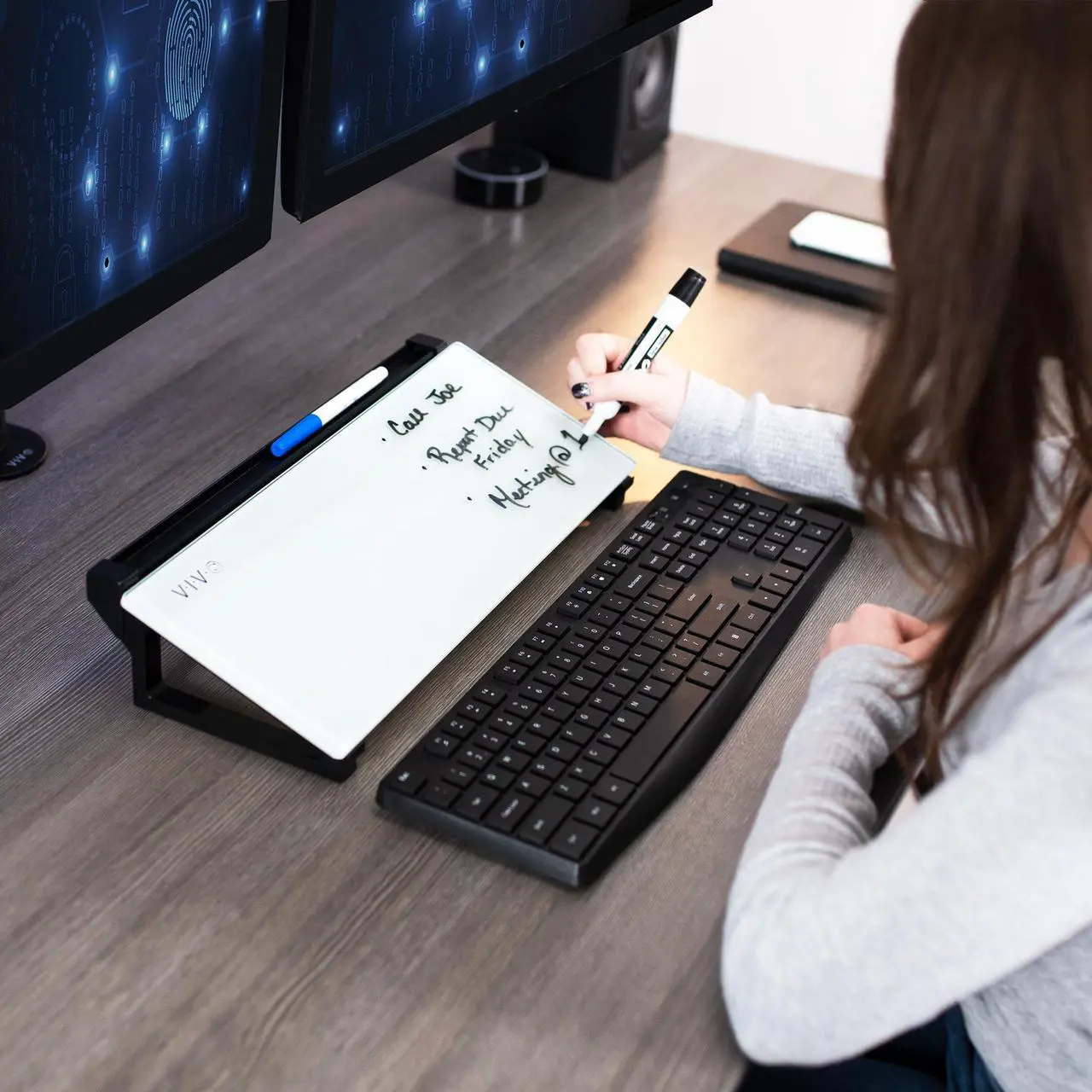 Alt view image 2 of 7 - VIVO Glass 16 x 7 inch Desktop Whiteboard, Marker Slot & Open Storage, Dry Erase White Surface, Black Frame (DESK-WB16D)