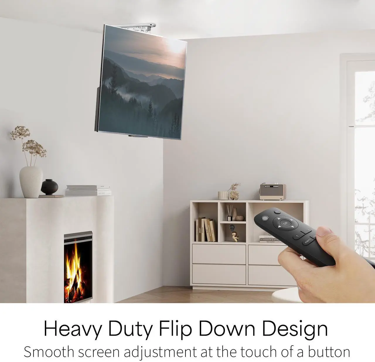 Alt view image 7 of 7 - White Electric Motorized Flip Down Pitched Ceiling TV Mount, 23" to 55" Screen
