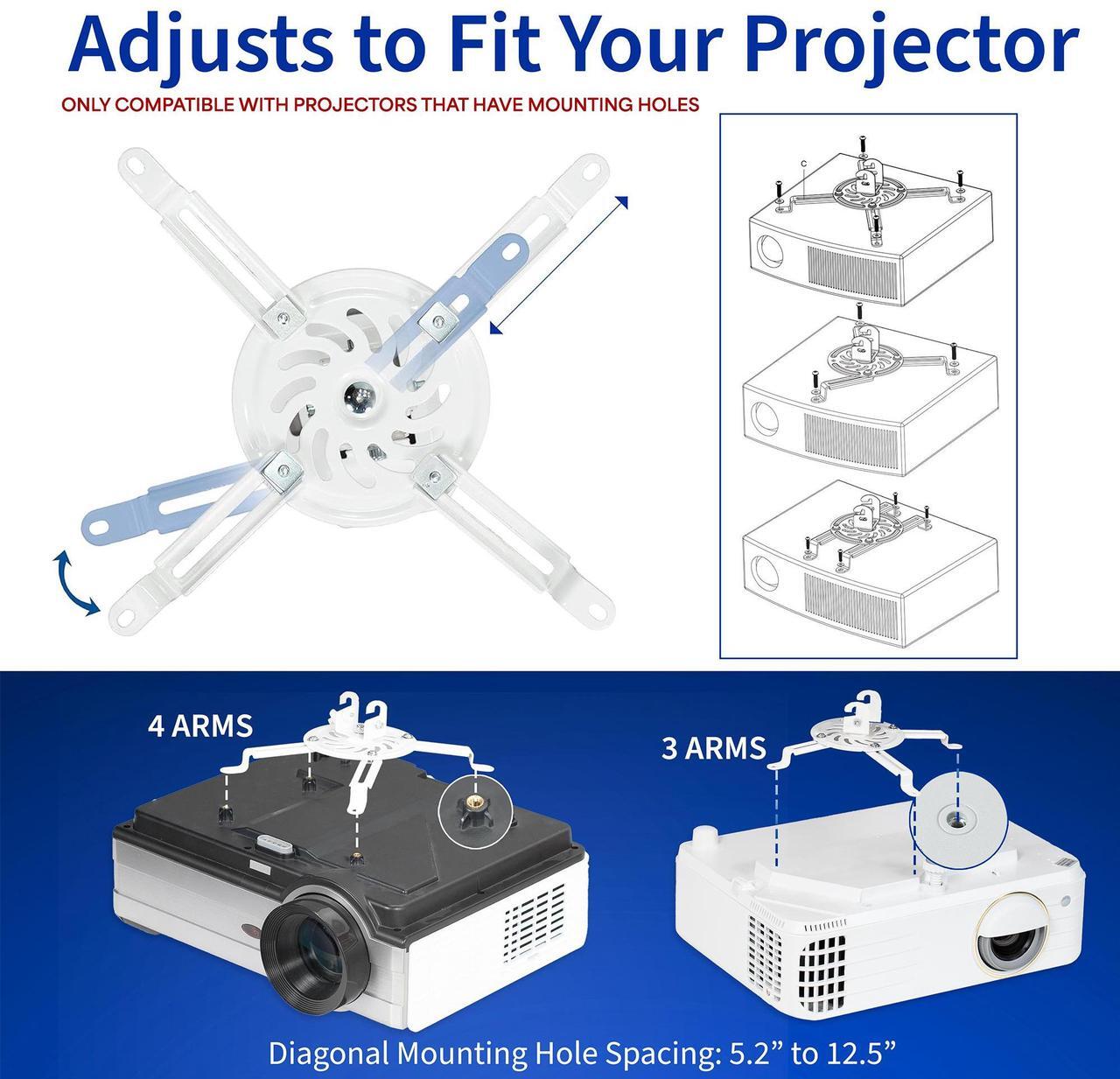 Alt view image 4 of 7 - VIVO Universal Adjustable Ceiling Projector Mount with Extending Arms, Fits Standard and Mini Projectors, MOUNT-VP01W