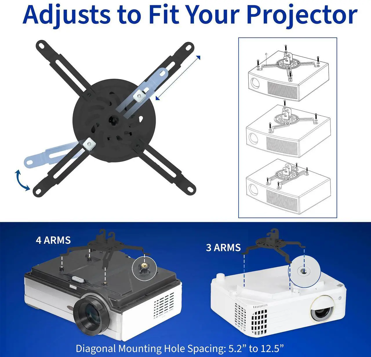 Alt view image 3 of 8 - VIVO Universal Adjustable Ceiling Projector Mount with Extending Arms, Fits Standard and Mini Projectors, MOUNT-VP01B