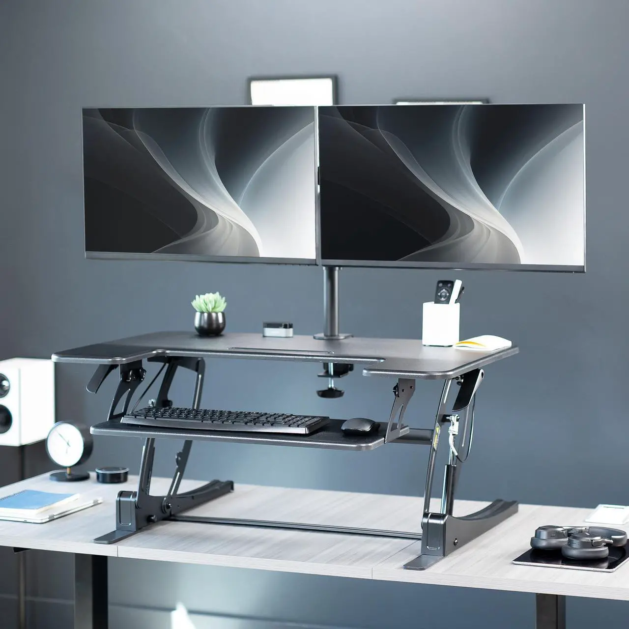 Alt view image 2 of 7 - VIVO 36" Standing Desk Riser with Dual Articulating Arms for 13" to 30" Monitor Screens, Black, DESK-KIT-0V02
