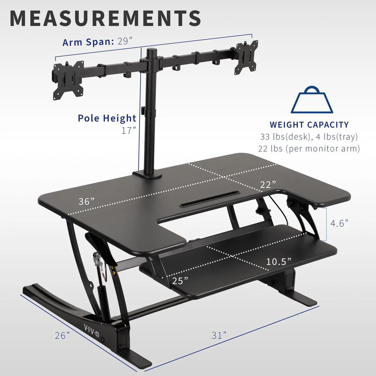 Alt view image 3 of 7 - VIVO 36" Standing Desk Riser with Dual Articulating Arms for 13" to 30" Monitor Screens, Black, DESK-KIT-0V02