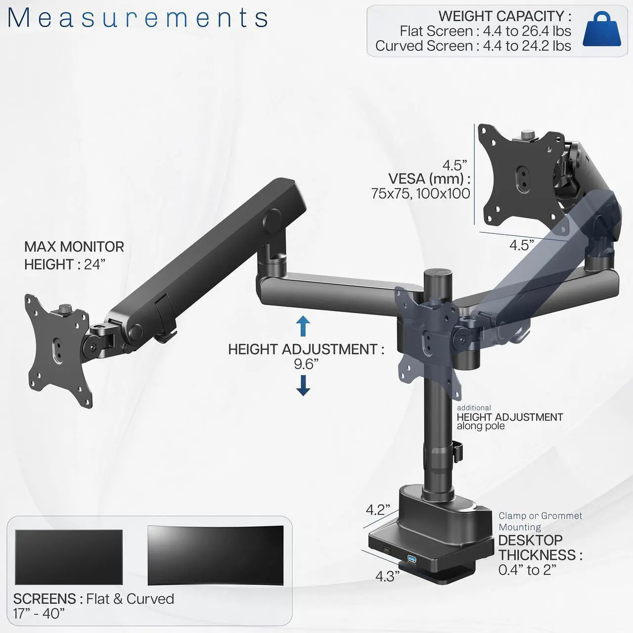 Alt view image 5 of 7 - VIVO Premium Aluminum Full Motion Dual Monitor Arm Desk Mount Stand w/ USB Ports, Screens up to 35" (STAND-V102BDU)
