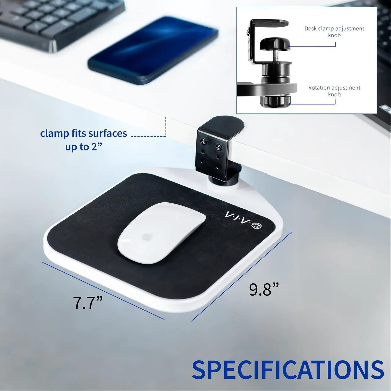 Alt view image 3 of 7 - VIVO White Rotating Desk Clamp Adjustable Computer Mouse Pad and Device Holder