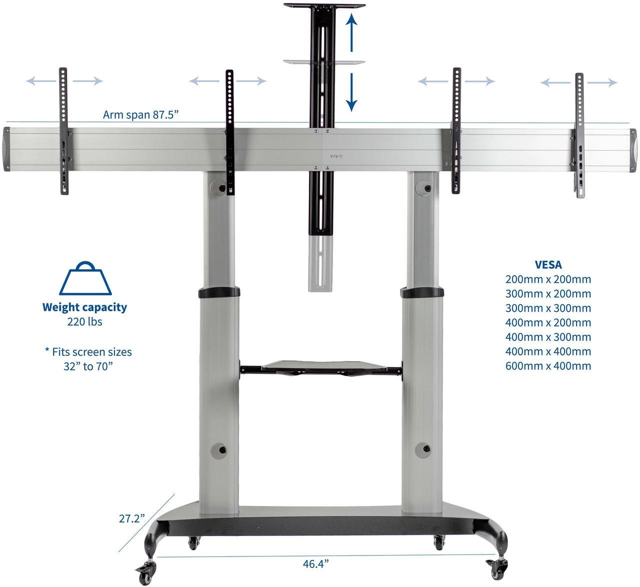 Alt view image 2 of 7 - VIVO Ultra Heavy Duty Mobile Rolling TV Stand for Flat Screens 32" to 70" | Adjustable Dual TV Cart Mount (STAND-TV12H)