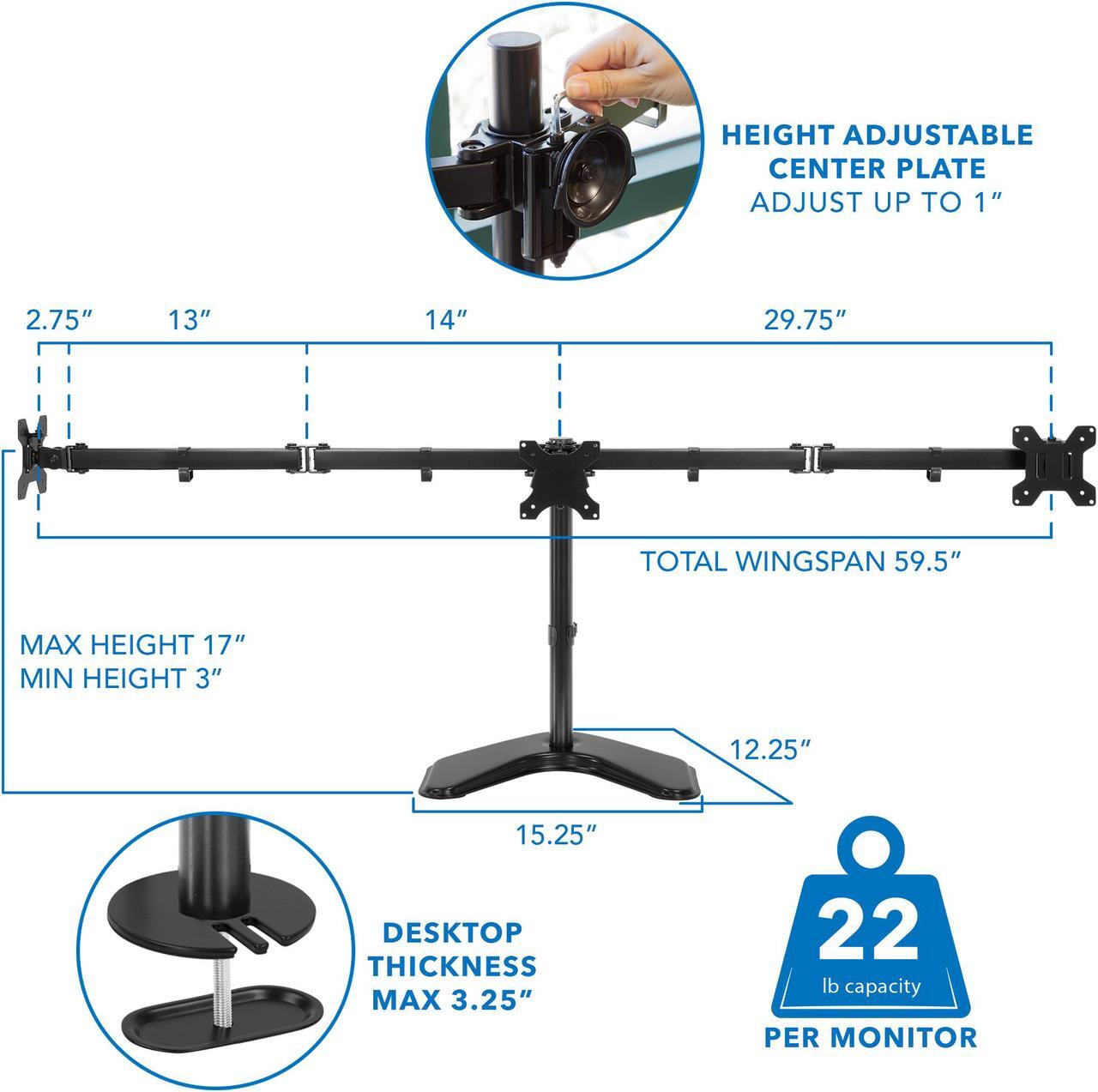 Alt view image 5 of 13 - Mount-It! Adjustable Triple Monitor Stand Up to 32" Black (MI-2789XL)