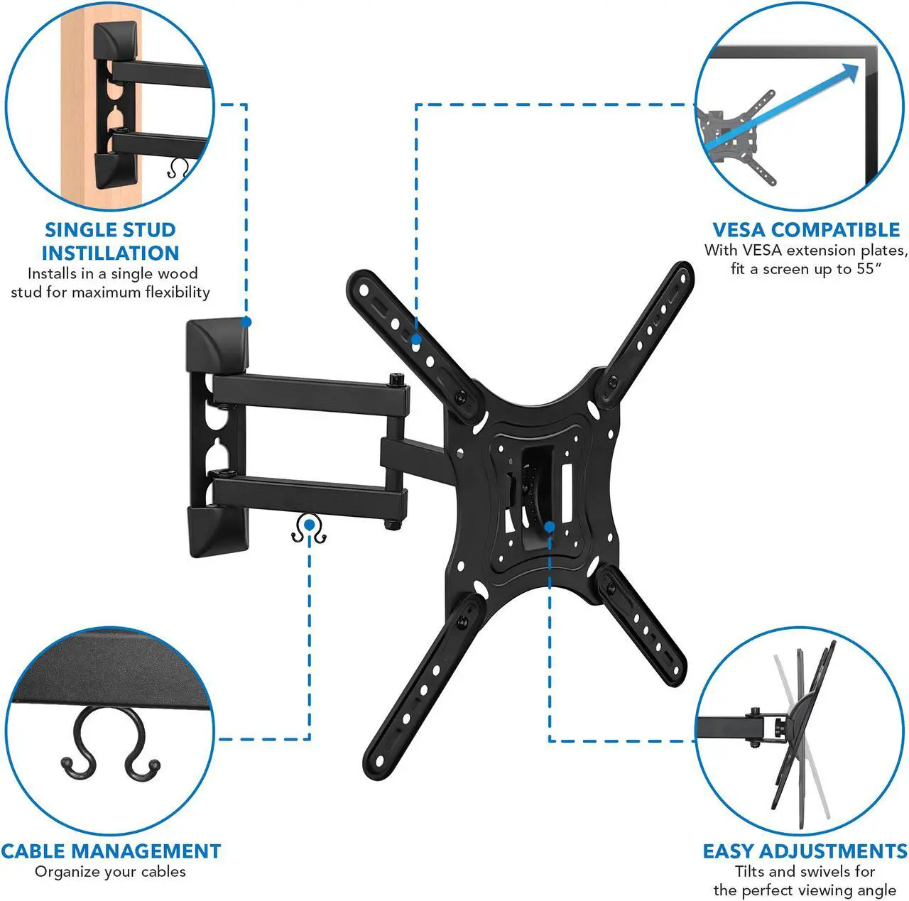 Alt view image 7 of 7 - Mount-It! Full Motion TV Wall Mount with Swivel Arm for 28" 32" 40" 43" 48" 50" 55" Inch Flat Screen TVs