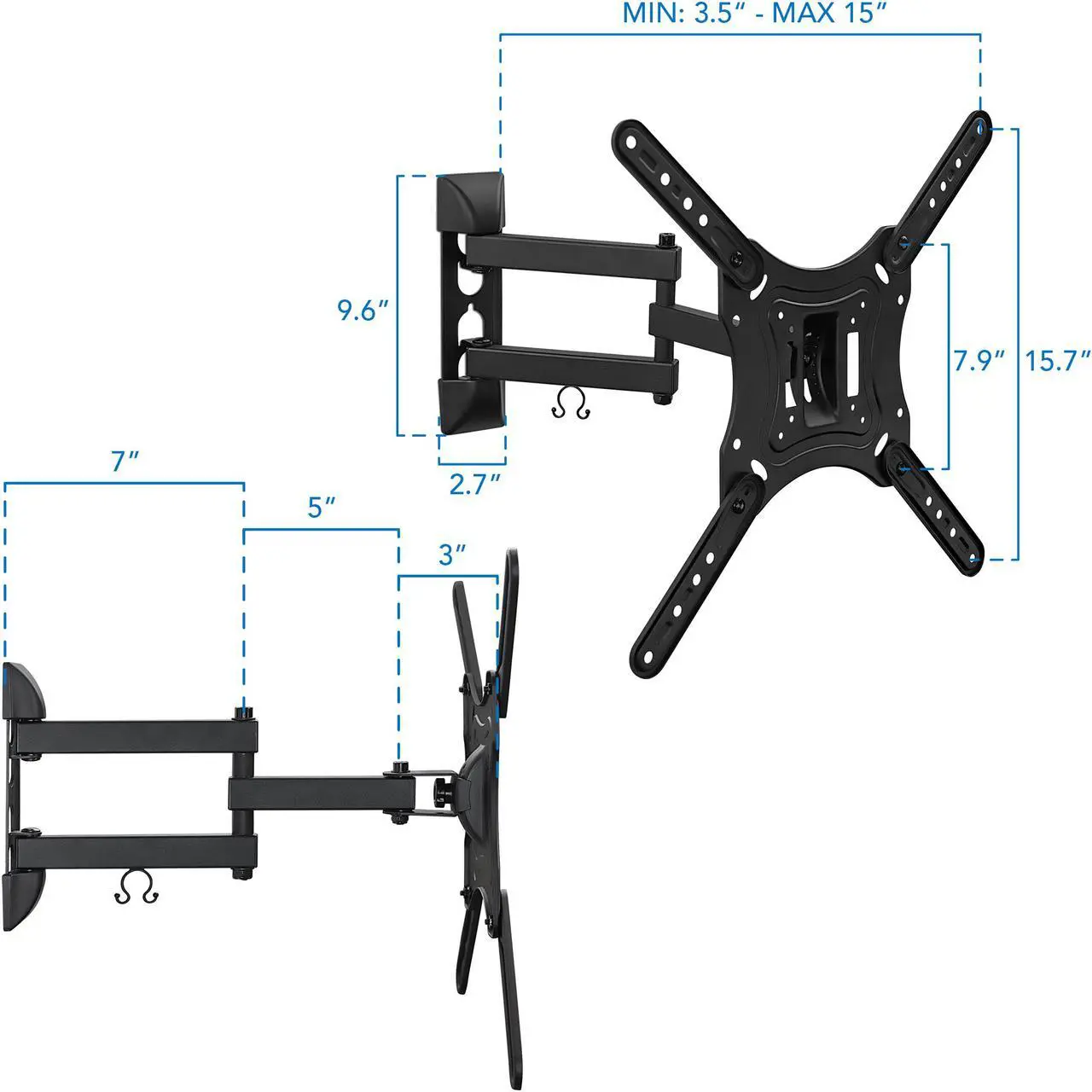 Alt view image 3 of 7 - Mount-It! Full Motion TV Wall Mount with Swivel Arm for 28" 32" 40" 43" 48" 50" 55" Inch Flat Screen TVs