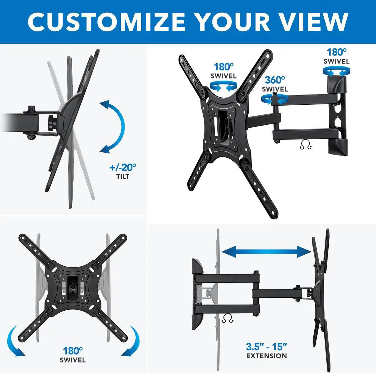 Alt view image 6 of 7 - Mount-It! Full Motion TV Wall Mount with Swivel Arm for 28" 32" 40" 43" 48" 50" 55" Inch Flat Screen TVs