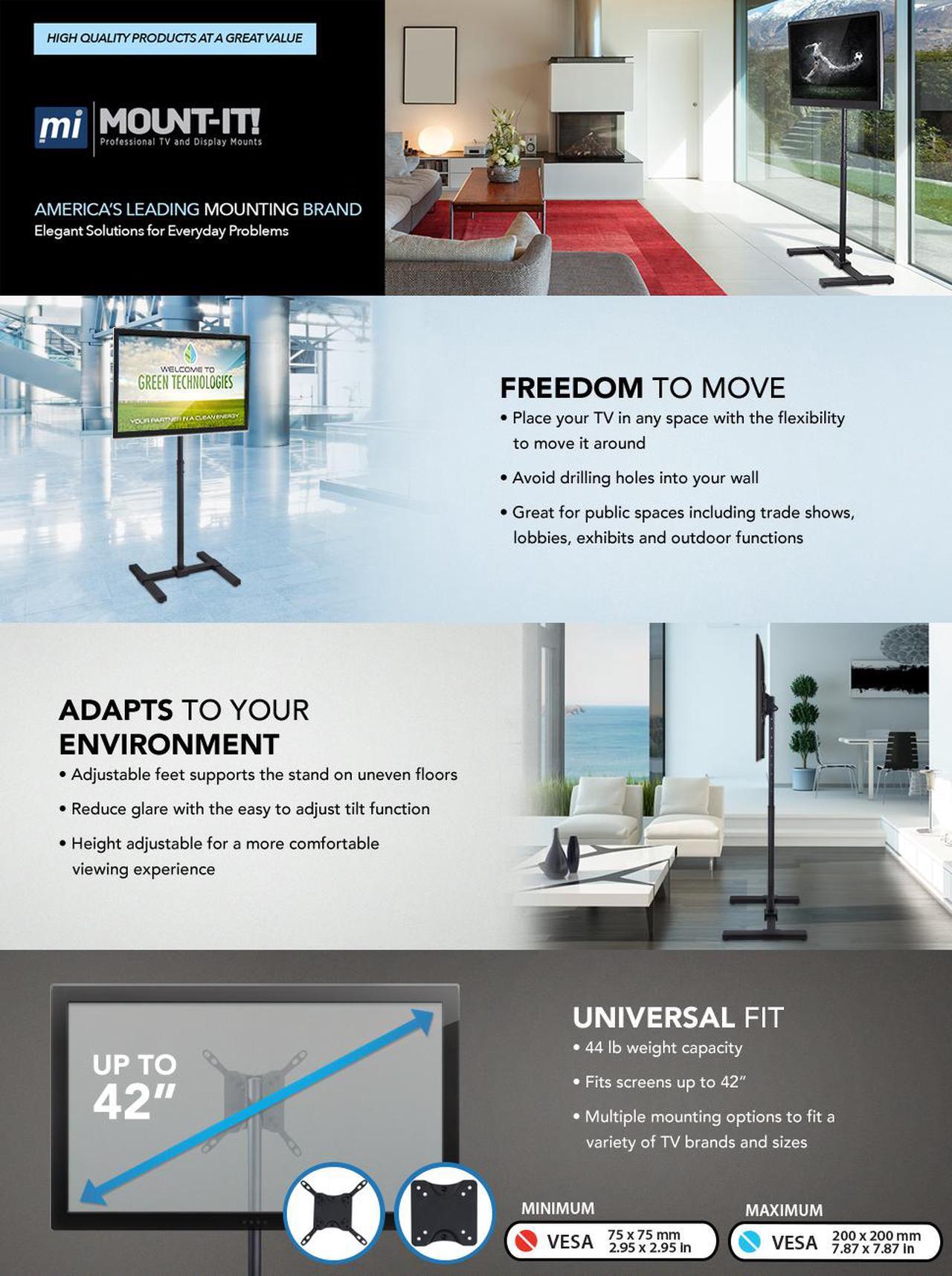 Alt view image 6 of 7 - Mount-It! Portable TV Stand Floor Standing | Fits 27-42 inch TVs | VESA 100 and 200