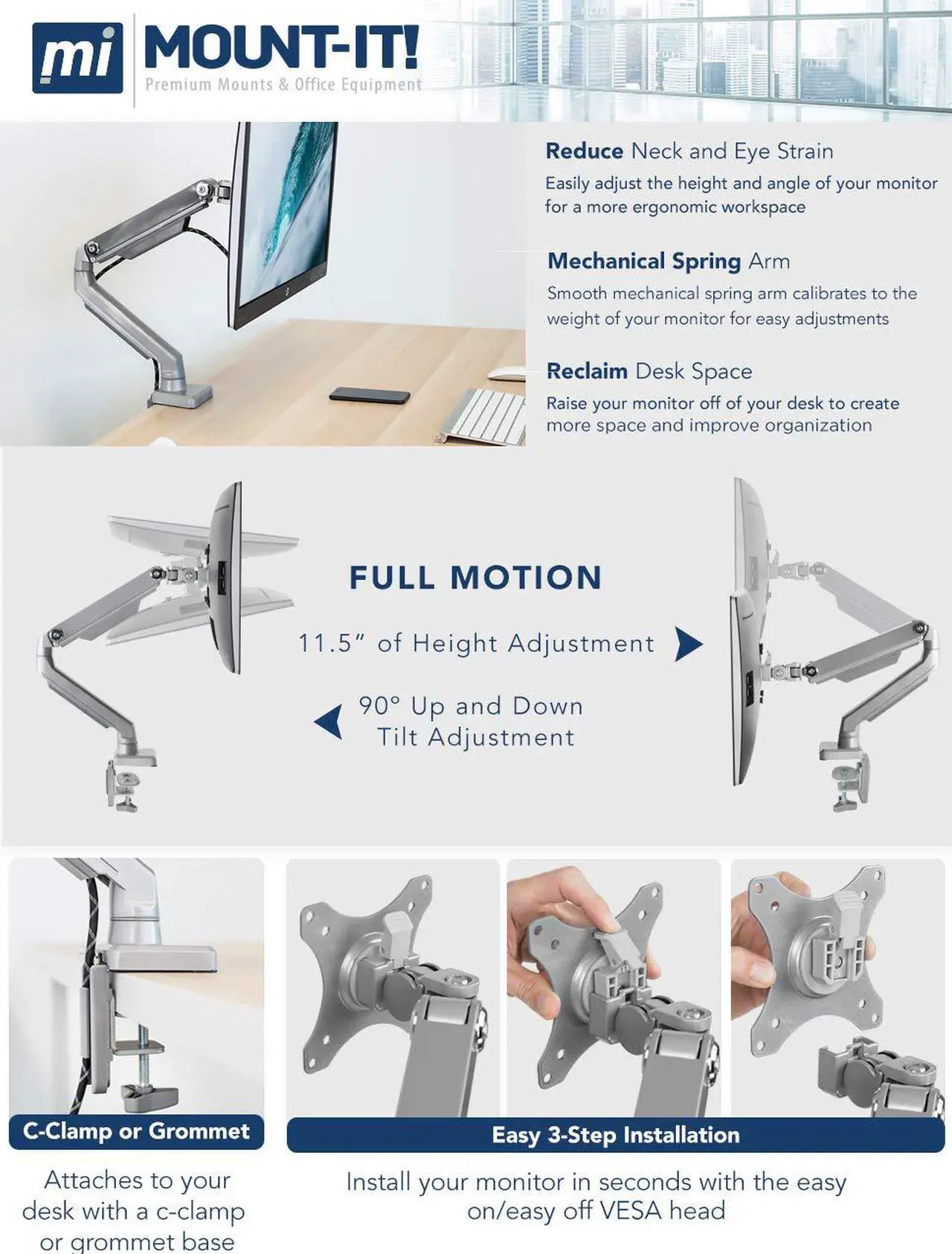 Alt view image 6 of 14 - Mount-It! Single Monitor Arm Mount | Full Motion Spring Arm | Fits Up to 32" Screens