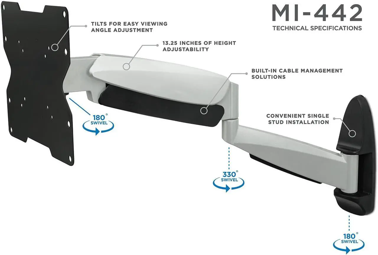 Alt view image 4 of 13 - Mount-It! Height Adjustable TV Wall Mount Bracket with Full Motion Gas Spring Arm for 28" to 47" TVs (MI-442)