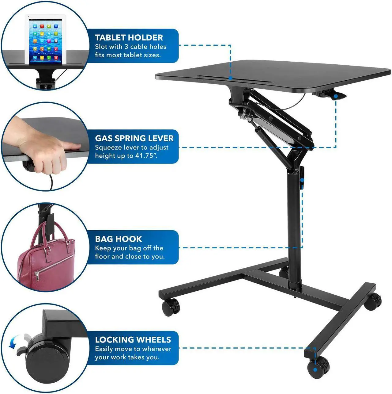 Alt view image 4 of 17 - Mount-It! Mobile Standing Laptop Desk | Height Adjustable Rolling Sit Stand Workstation with Casters |  27.5 Inch Wide