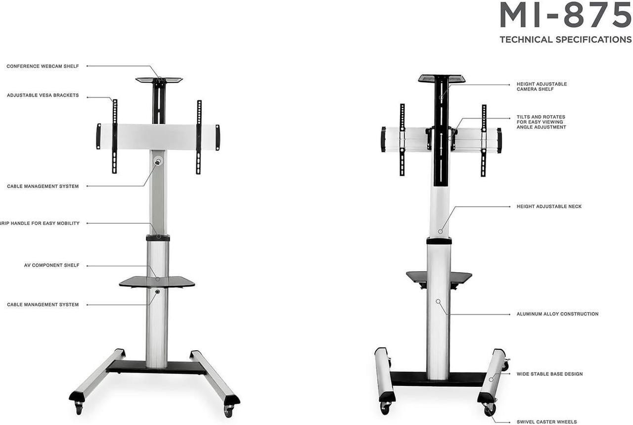 Alt view image 2 of 19 - Mount-It! TV Cart Stand | Fits 32 to 70 inch Screen Sizes | TV Mount | Mobile TV Cart | 110 lbs Capacity