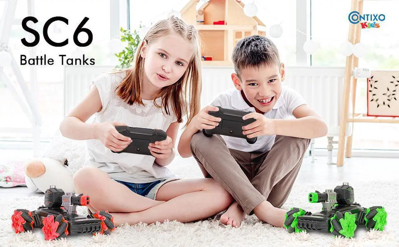Alt view image 6 of 6 - Contixo RC Car 1:24 Scale Crawler Trucks Toys 2.4 Ghz Infrared Battle Tank with Remote Control for Kids and Adults with Lights, lasers, and smoke effects 2 Pack SC6