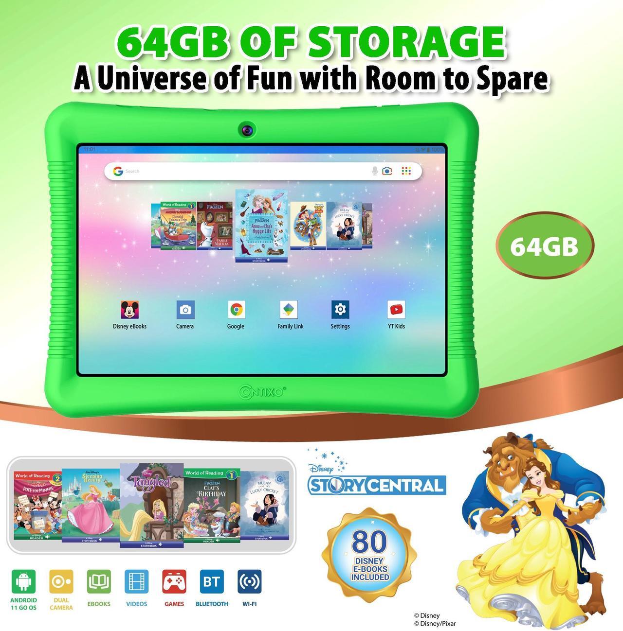 Alt view image 3 of 7 - Contixo Kids Tablet K102, 10" HD, Parental Control, Android 10, 64GB, WiFi, Learning Tablet with Camera for Children Ages 3 -12 with 80 Disney eBooks and Kid-Proof Case, Green 2023