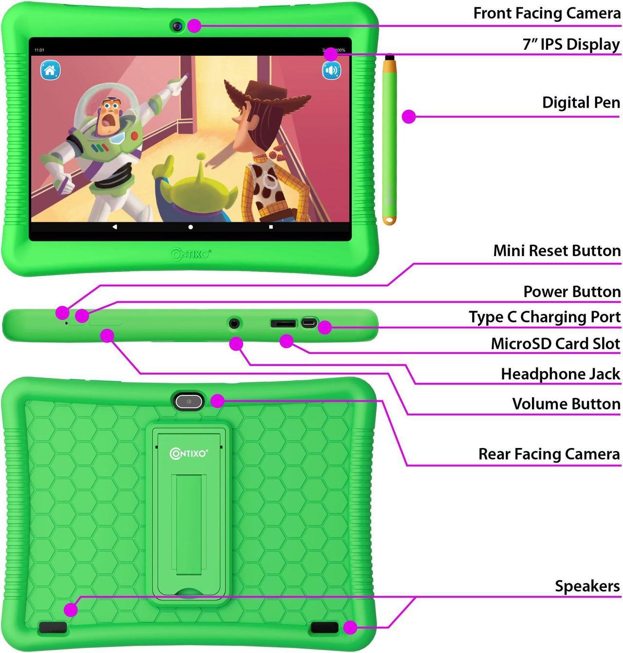 Alt view image 7 of 7 - Contixo Kids Tablet K102, 10" HD, Parental Control, Android 10, 64GB, WiFi, Learning Tablet with Camera for Children Ages 3 -12 with 80 Disney eBooks and Kid-Proof Case, Green 2023