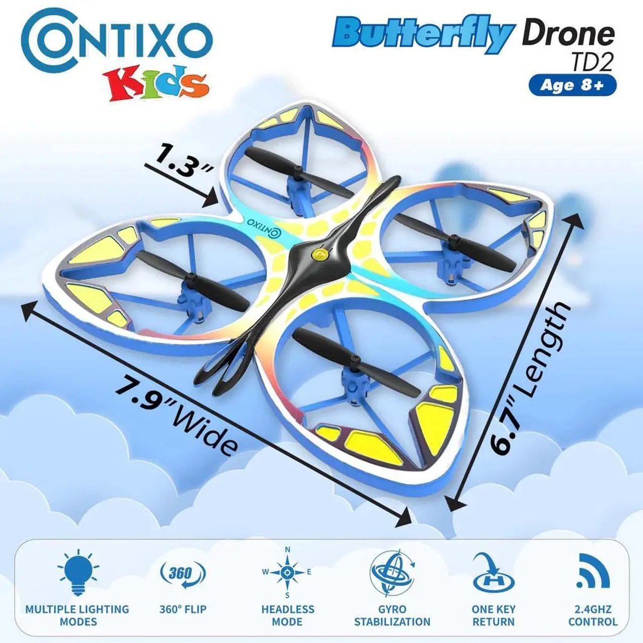Alt view image 7 of 7 - Contixo TD2 Butterfly RC Drone Quadcopter with Remote Control and LED Lights features 3D Flip, 3 Speed Modes Drone, Headless Mode, Safe Toys Propeller Protection for Kids