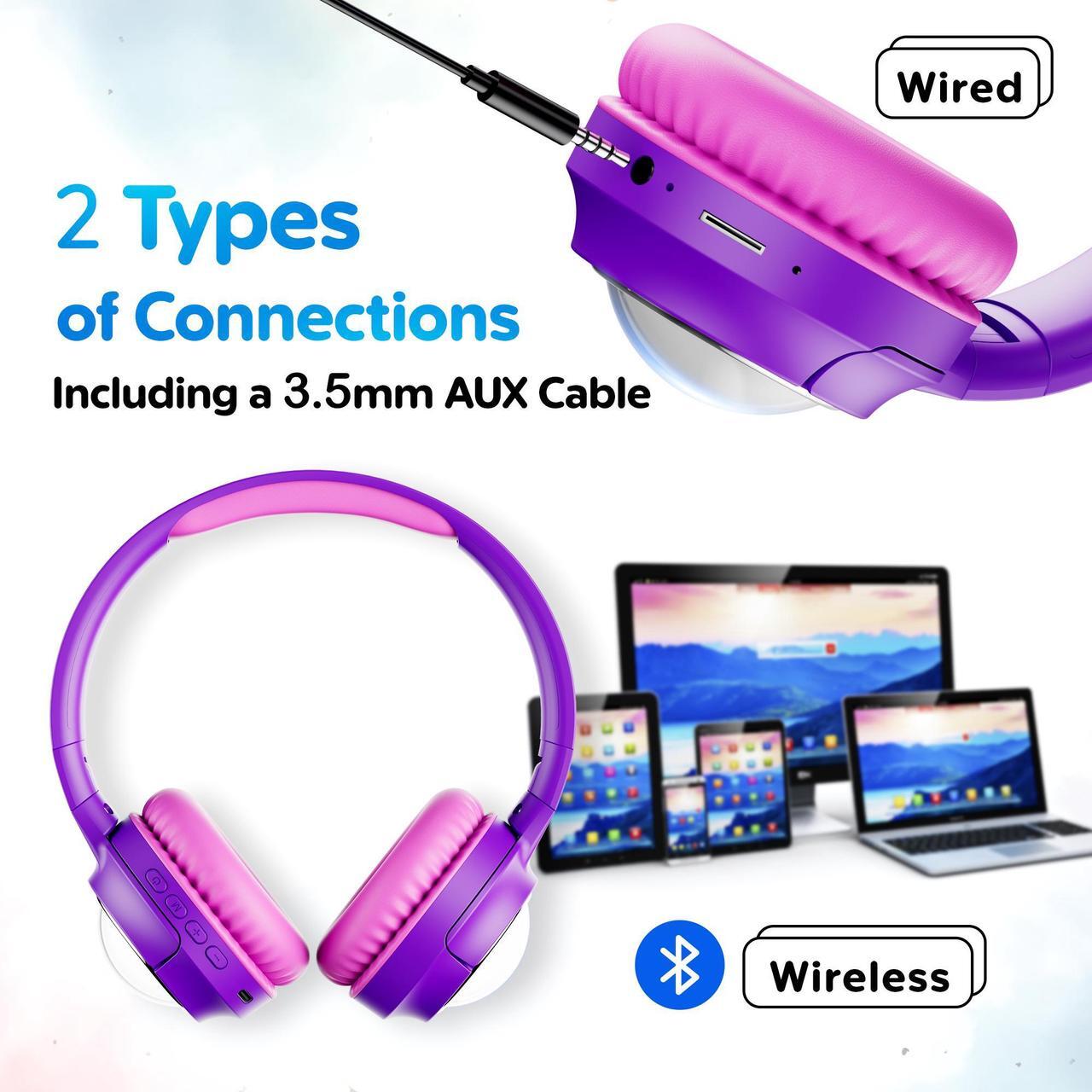 Alt view image 3 of 7 - contixo KB6 Wireless Bluetooth Headphones, 85/94dB Safe Volume, Bluetooth 5.3, 3.5mm Jack, Foldable,Colorful LED Light,Wireless Headphones With Microphone For School/Travel/Plane, For Ages 3-16 Purple