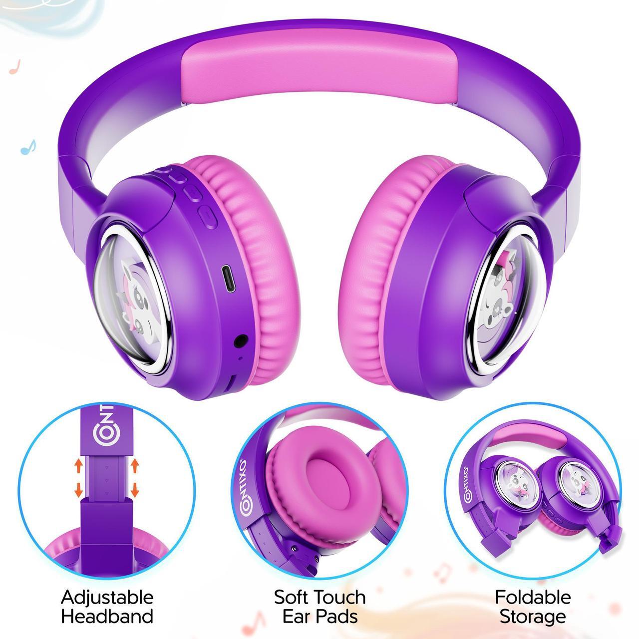 Alt view image 4 of 7 - contixo KB6 Wireless Bluetooth Headphones, 85/94dB Safe Volume, Bluetooth 5.3, 3.5mm Jack, Foldable,Colorful LED Light,Wireless Headphones With Microphone For School/Travel/Plane, For Ages 3-16 Purple
