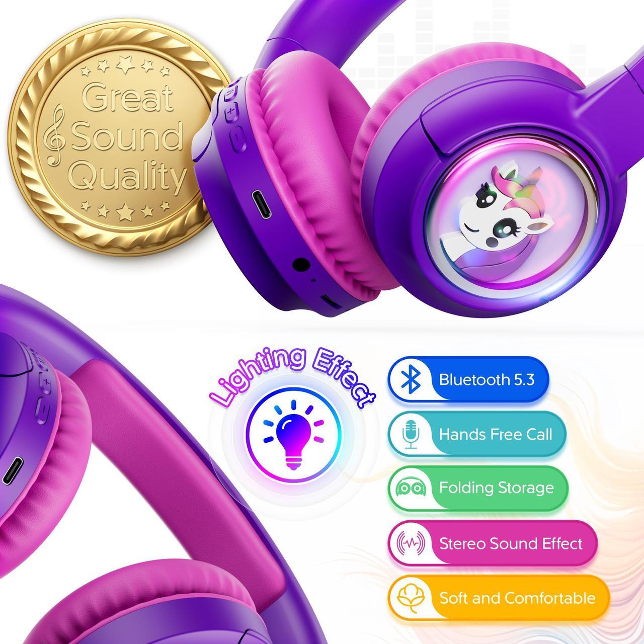 Alt view image 2 of 7 - contixo KB6 Wireless Bluetooth Headphones, 85/94dB Safe Volume, Bluetooth 5.3, 3.5mm Jack, Foldable,Colorful LED Light,Wireless Headphones With Microphone For School/Travel/Plane, For Ages 3-16 Purple