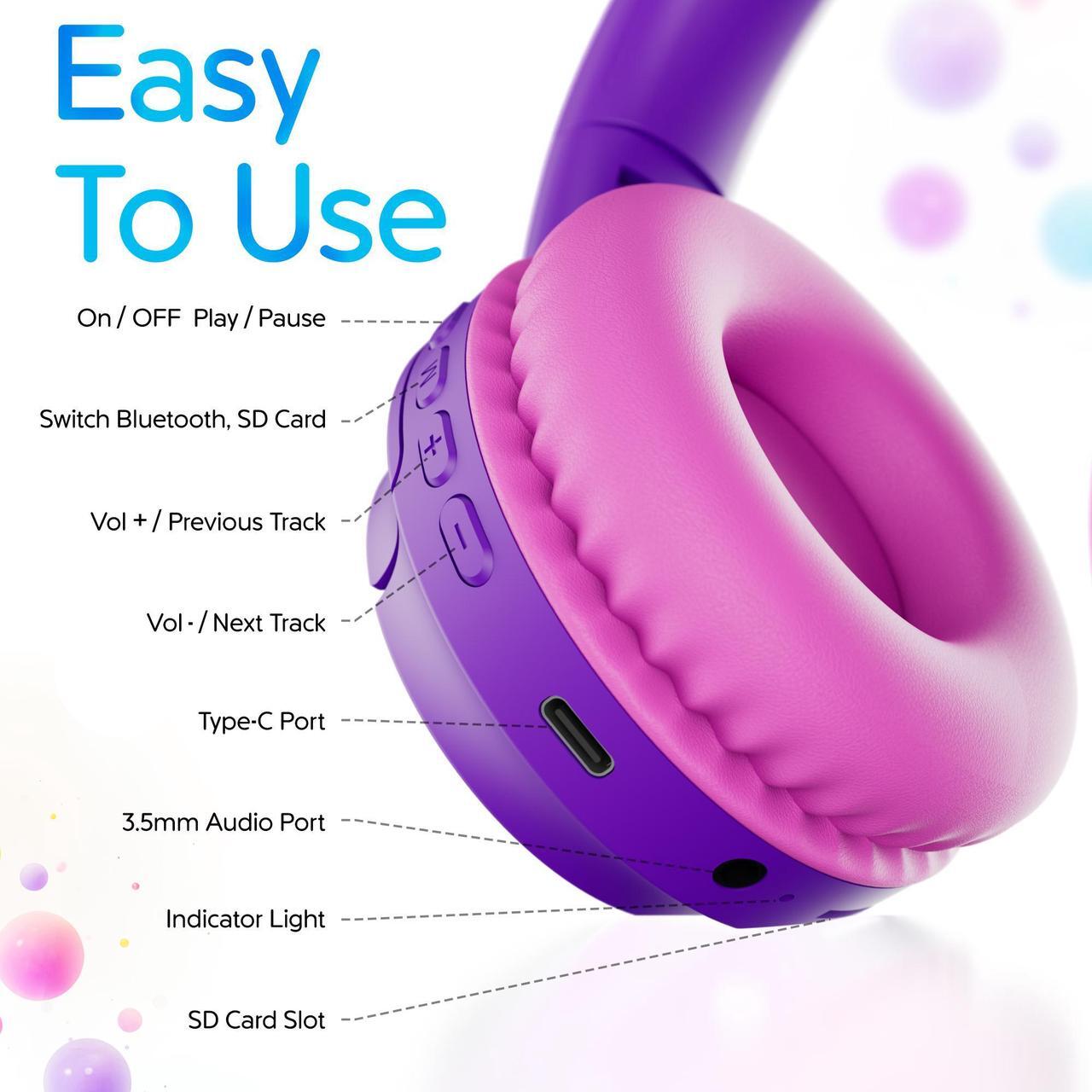 Alt view image 5 of 7 - contixo KB6 Wireless Bluetooth Headphones, 85/94dB Safe Volume, Bluetooth 5.3, 3.5mm Jack, Foldable,Colorful LED Light,Wireless Headphones With Microphone For School/Travel/Plane, For Ages 3-16 Purple
