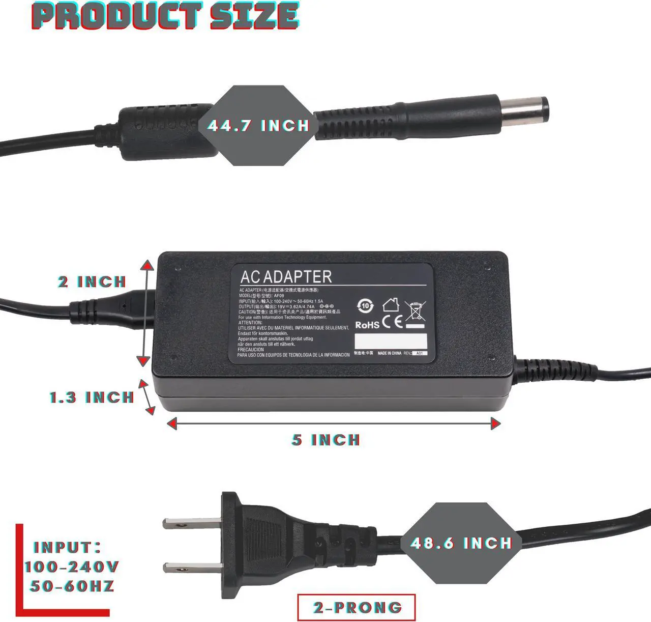 Alt view image 2 of 6 - BattPit: New Replacement Laptop AC Adapter/Charger for HP ProBook 6460b (A2G06EC) 6460b (A3P37EC) 6460b (A6B83PP) 6460b (SQ451UP) 6465b 6470b 6475b [19V 3.62A/4.74A 90W]
