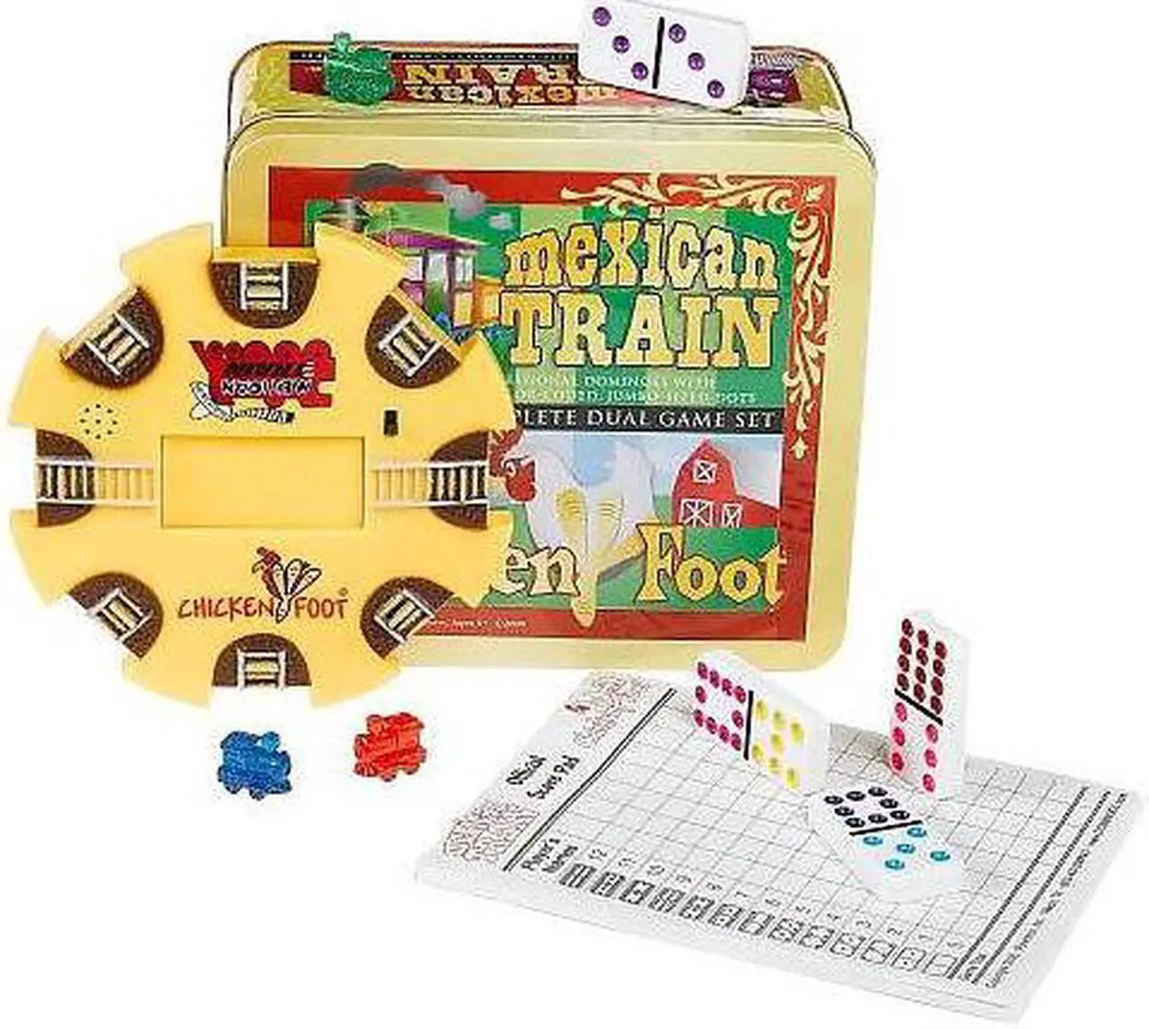 Alt view image 3 of 5 - Mexican Train and Chickenfoot Dominoes - The Complete Dual Game Set in a Tin